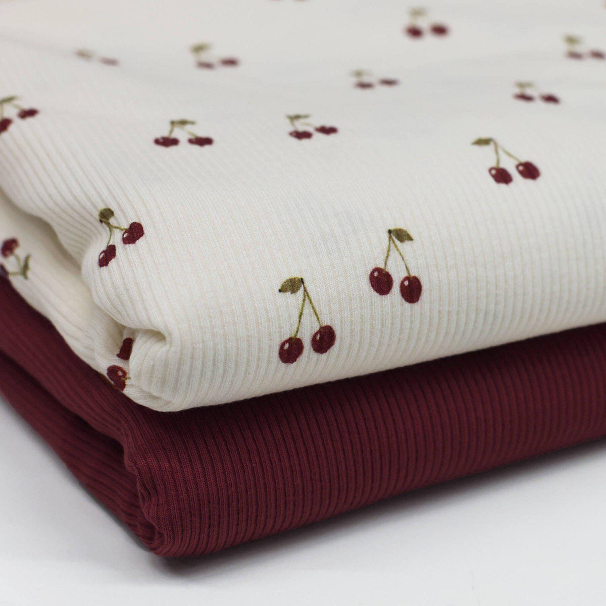 Kirschen Rippstrick Jersey Stoff bordeaux | Baumwoll Jersey mit Lycra | Rib Jersey Stretch Stoff | Rippstoff Meterware | Früchte Cherry