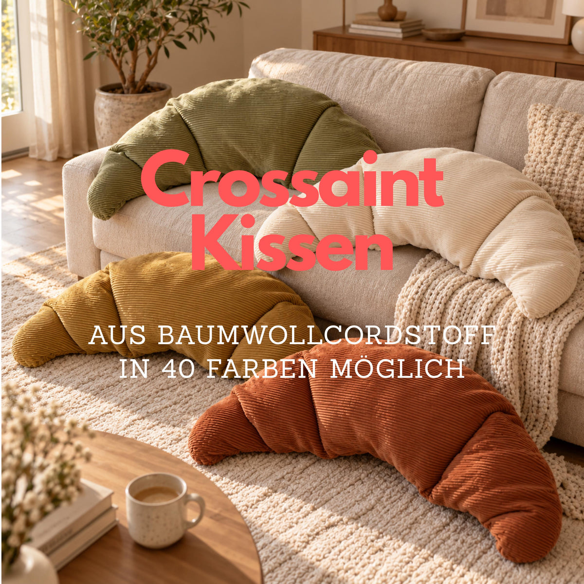 Cord Croissant Kissen 100 cm in 40 Farben | Nackenkissen | Croissantkissen | Schulanfang | Geschenk zum Einzug Kinderzimmer Deko