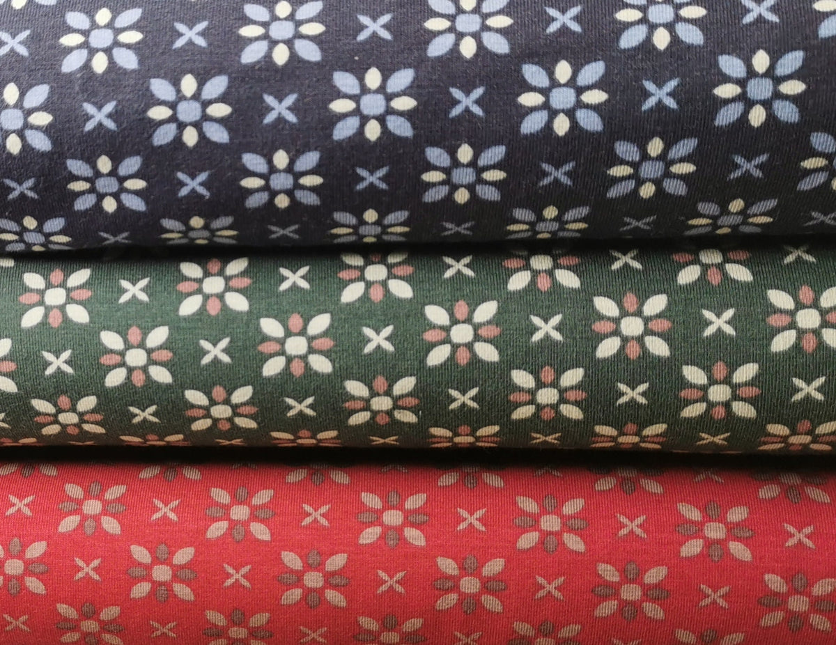 0,5 Meter Jersey Stoff Kinder Jerseystoff Meterware Bunt gepunktet Mosaik Grafische Blumen grün navy weinrot
