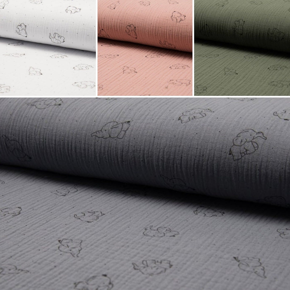Musselin 100 % Baumwollstoff Meterware grau weiß rosé Khaki Ecru Elefanten Elefant Punkte