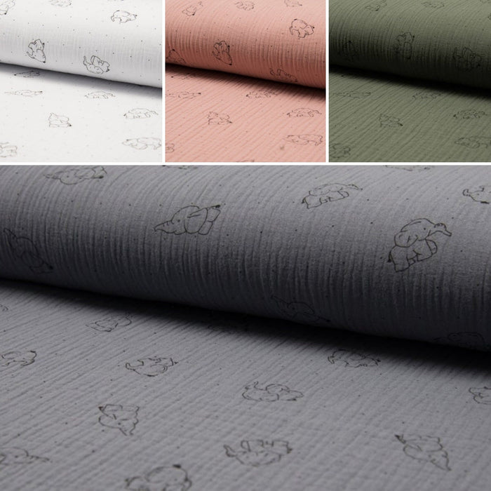Musselin 100 % Baumwollstoff Meterware grau weiß rosé Khaki Ecru Elefanten Elefant Punkte