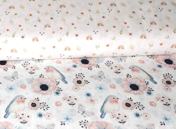 0,5 Meter Popeline 100 % Digitaldruck Vögel Regenbogen Baumwollstoff Druck Retro Meterware Stoff Baumwolle Boho