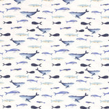 0,5 Meter Jerseystoff Wale Digitaldruck Meterware Kinder Wal Blätter Aquarell Optik Jersey Stoff Watercolour Fische blau weiß
