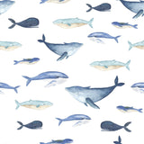 0,5 Meter Jerseystoff Wale Digitaldruck Meterware Kinder Wal Blätter Aquarell Optik Jersey Stoff Watercolour Fische blau weiß