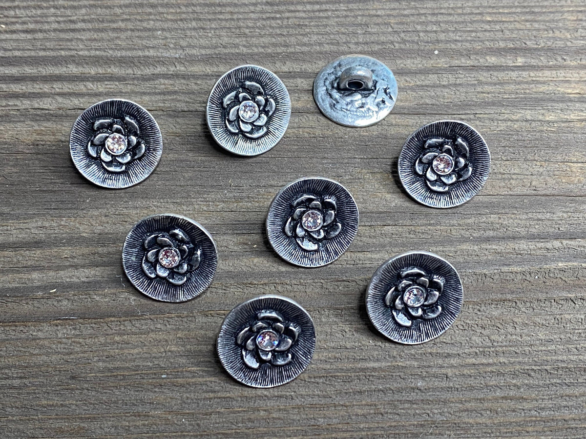 Dirndlknöpfe Rose m. Kristall metall rund 15 mm - Trachtenknöpfe Metallknöpfe Ösenknöpfe altsilber silber Dirndlknopf Trachtenknopf
