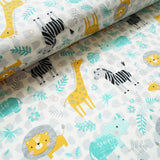 17 Euro/m Bio Jersey STOFFONKEL mit Muster Meterware Dschungel Löwen Giraffen Zebras und Nashörner Unisex