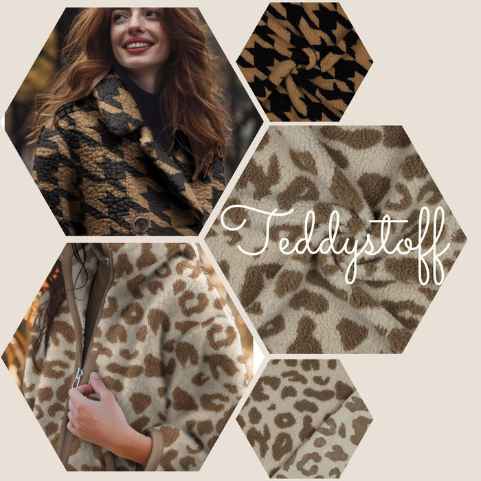 Teddystoff mit Leo/Leopardenmuster und mit Hahnentrittmuster Teddy Mantel- und Jackenstoff Pied de Poule Fur braun schwarz camél
