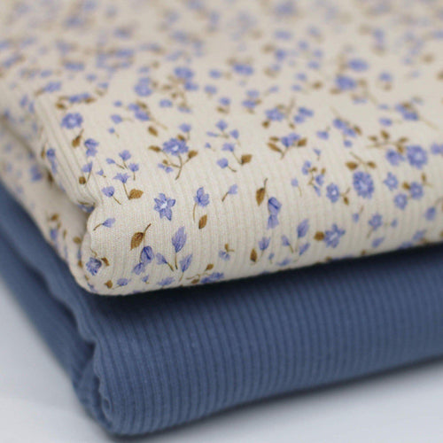 Mini Blumen Rippstrick Jersey Stoff blau ecru | Rib Jersey Stretch Stoff | Rippstoff | Stoff zum Nähen