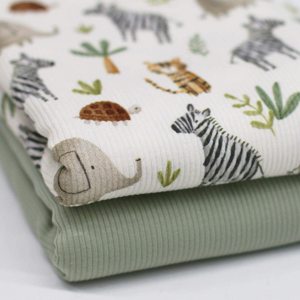 Safari Zebra Elefant Rippstrick Jersey Stoff Tiger Schildkröte | Baumwoll Jersey mit Lycra | Rib Jersey Stretch Stoff | Rippstoff Meterware