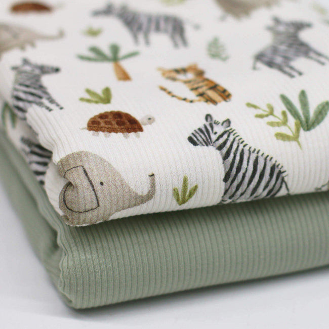 Safari Zebra Elefant Rippstrick Jersey Stoff Tiger Schildkröte | Baumwoll Jersey mit Lycra | Rib Jersey Stretch Stoff | Rippstoff Meterware