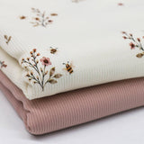 Bienen Blumen Wiese Rippstrick Jersey Stoff | Baumwoll Jersey mit Lycra | Rib Jersey Stretch Stoff | Rippstoff Meterware Honigbienen Blüten