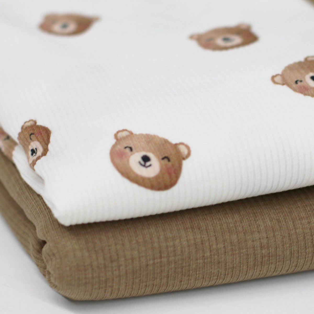 Bären Rippstrick Jersey Stoff Teddy | Baumwoll Jersey mit Lycra | Rib Jersey Stretch Stoff | Rippstoff Meterware | Teddybären