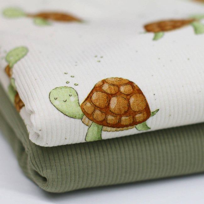 Schildkröten Rippstrick Jersey Stoff Tiere Schildkröte | Baumwoll Jersey mit Lycra | Rib Jersey Stretch Stoff | Rippstoff Meterware